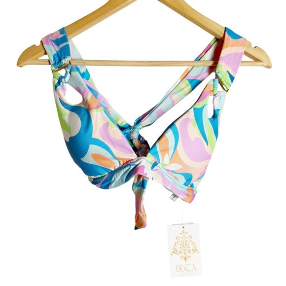 Becca All That Glitter Blue Multicolor Print Halter Tie Back Bikini Swimsuit Top - Picture 2 of 10
